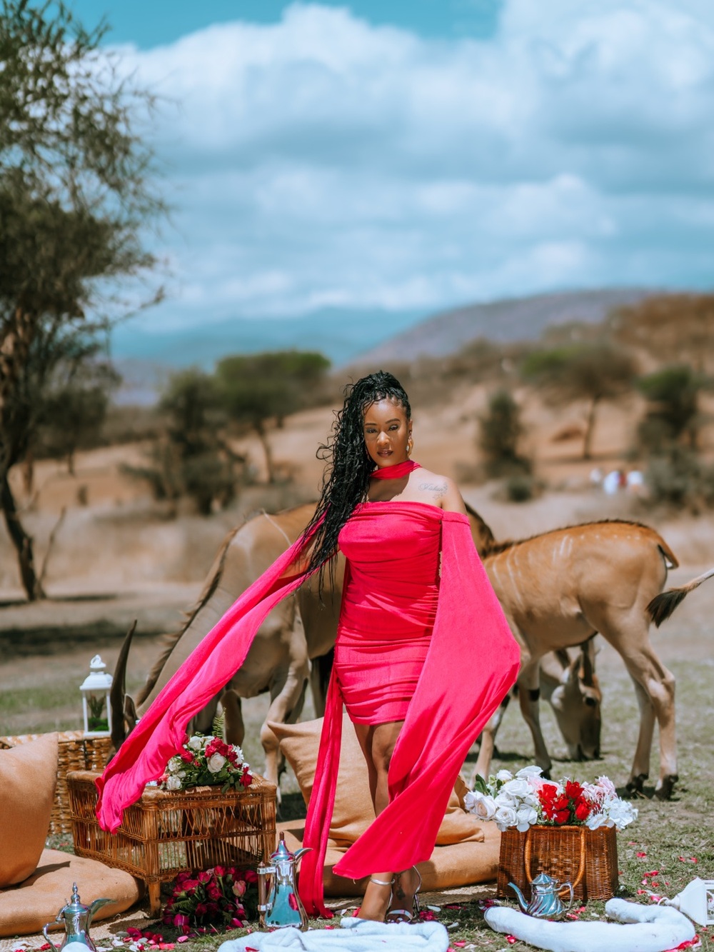 Hot Pink Off-Shoulder Draped Dress